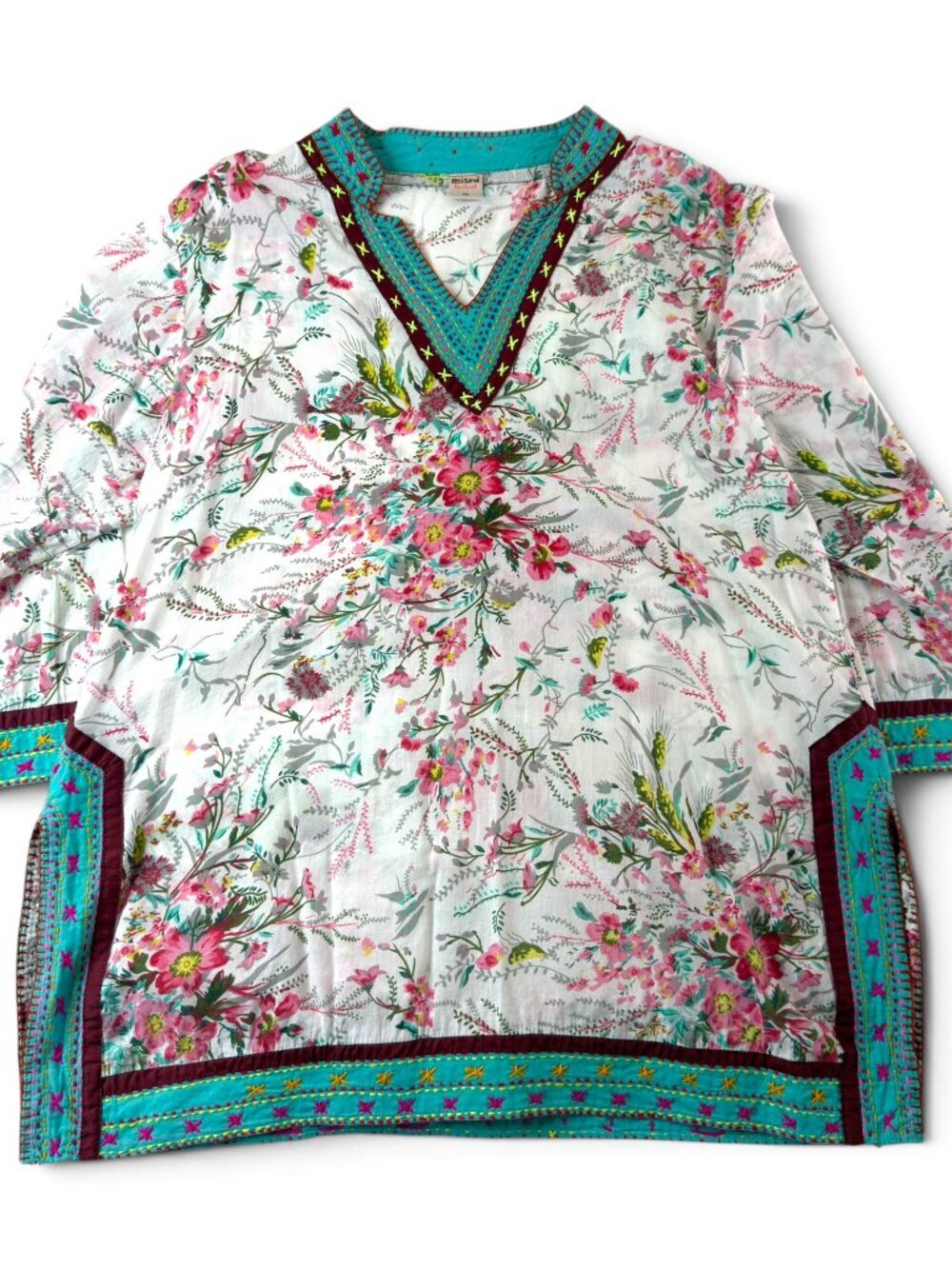 mitra handworks floral embroidered tunic top xl 100% cotton boho artisan - Picture 2 of 10
